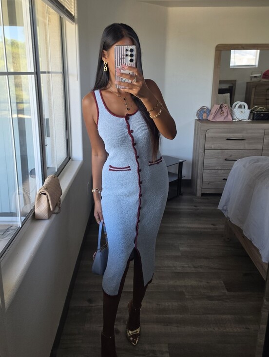 Zara Dresses & Skirts - Light Blue Knit Midi Dress with Burgundy Trim Stretchy